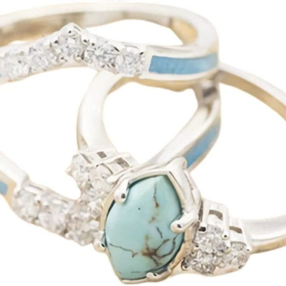 Pingyongchang 3 PCS Ring Set Natural Turquoise Diamond Rings - Picture 2 of 7